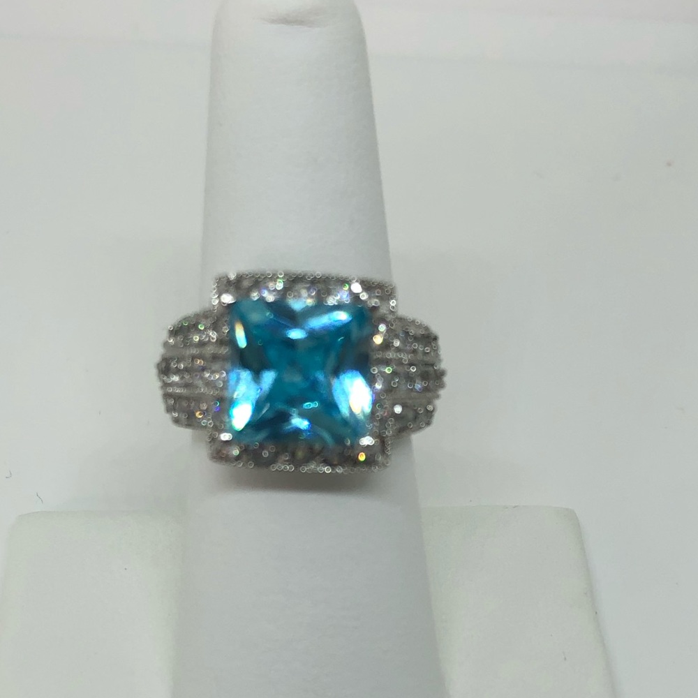 Sterling Princess Aqua CZ Ring